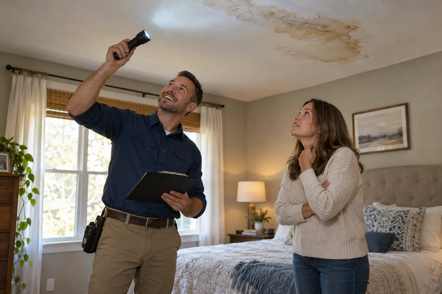 A mold inspector checking a ceiling stain in a home across the Milwaukee area