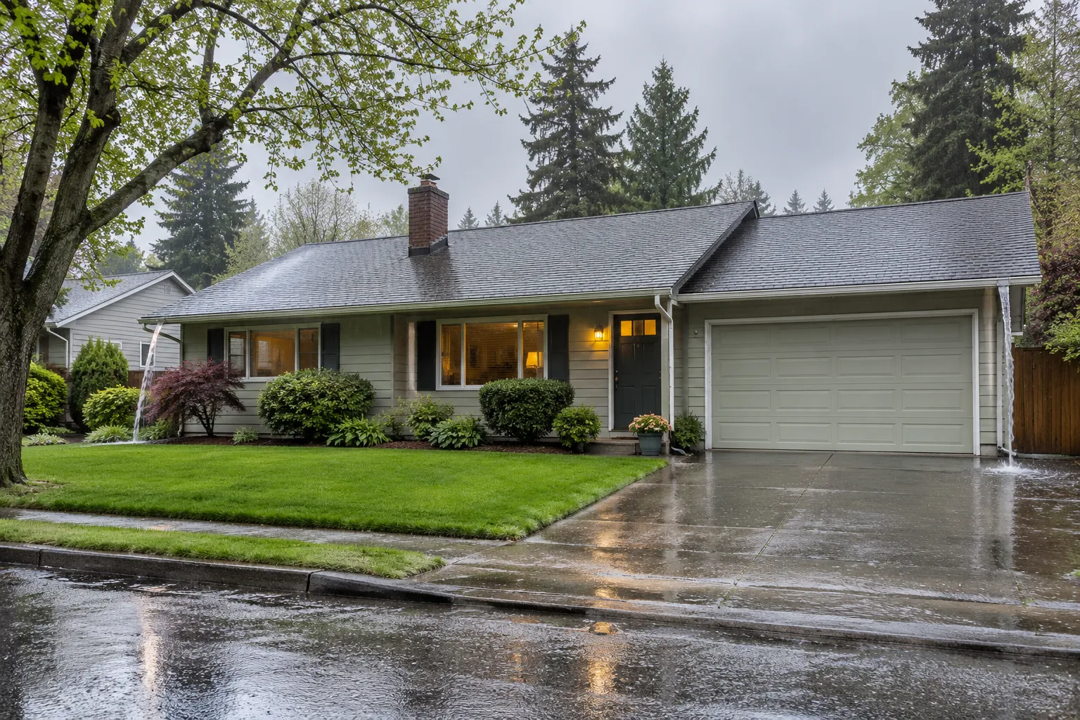 A frame house with a ranch-style roofline in Milwaukee, WI after spring rain